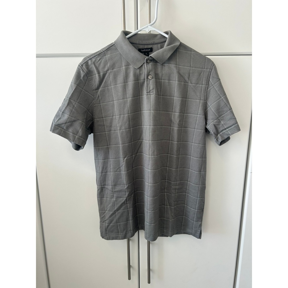 Van Heusen Mens Medium Grey Windowpane‎ Plaid Short Sleeve Polo Shirt Pique Knit